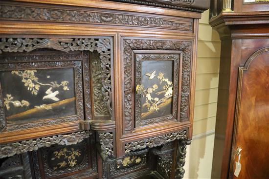 A Japanese Meiji period carved wood and shibayama cabinet, W.3ft 10in. D.1ft .5in. H.6ft 2in.